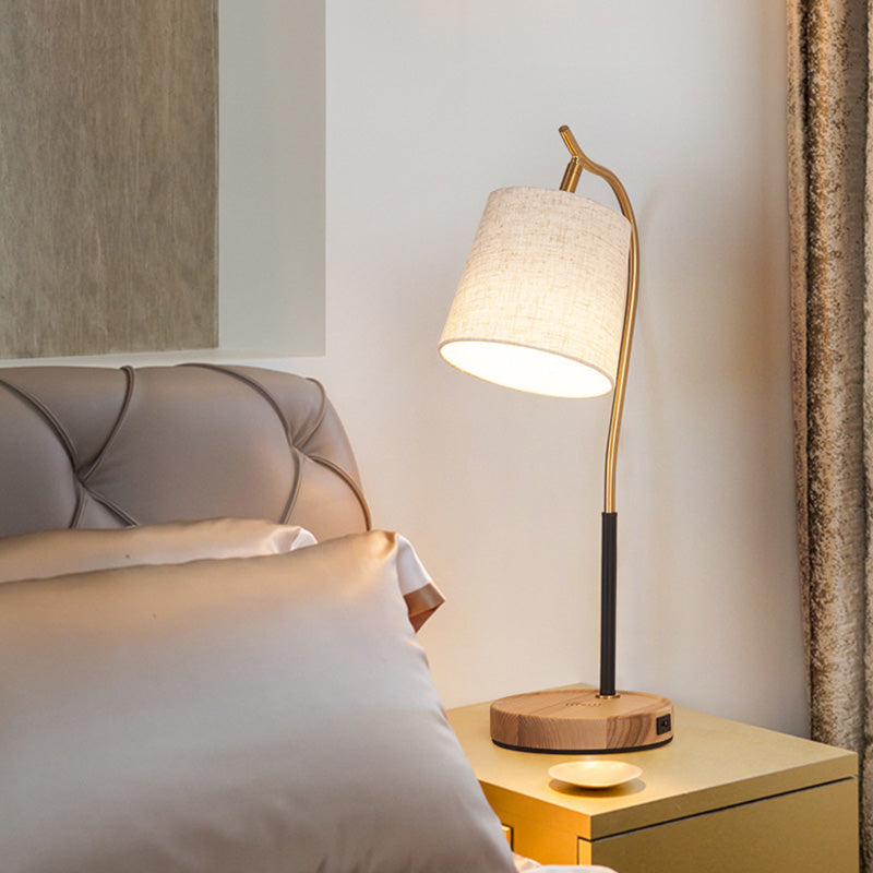 Mirae | Barrel-Shaped Fabric Nightstand Lamp With Gooseneck Arm, Single-Bulb