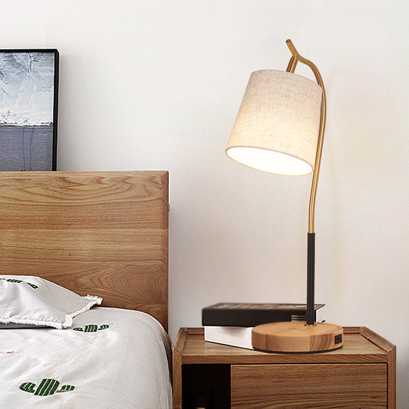 Mirae | Barrel-Shaped Fabric Nightstand Lamp With Gooseneck Arm, Single-Bulb