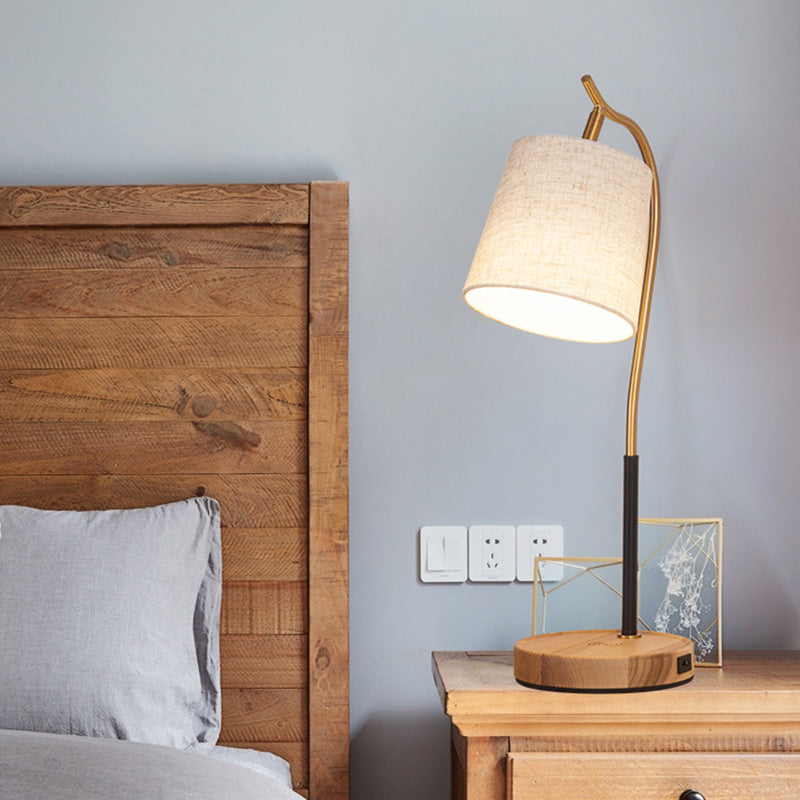Mirae | Barrel-Shaped Fabric Nightstand Lamp With Gooseneck Arm, Single-Bulb