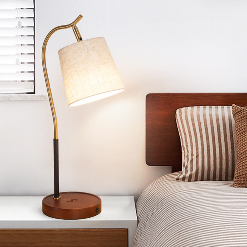 Mirae | Barrel-Shaped Fabric Nightstand Lamp With Gooseneck Arm, Single-Bulb