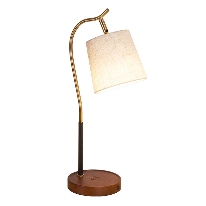 Mirae | Barrel-Shaped Fabric Nightstand Lamp With Gooseneck Arm, Single-Bulb