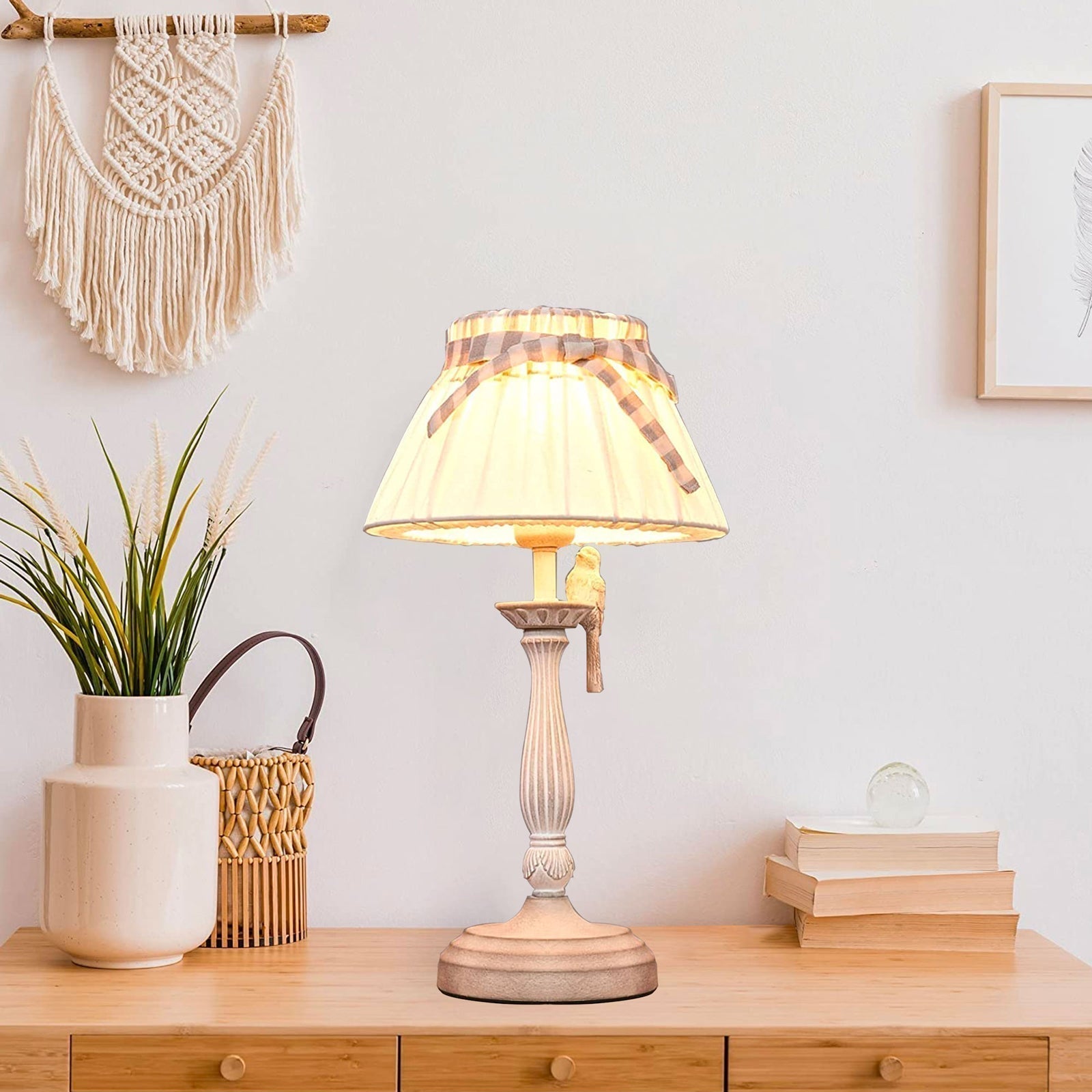 Lampa stołowa Elowen w stylu boho z abażurem z tkaniny