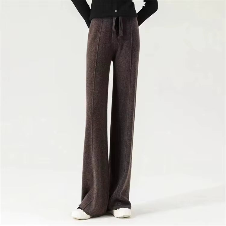 100% Cashmere Wide-Leg Knit Pants - High-Waist Soft Warm Trousers for Effortless Autumn/Winter Style