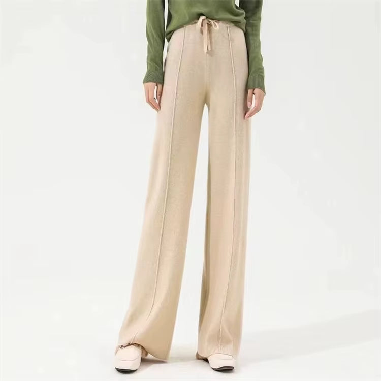 100% Cashmere Wide-Leg Knit Pants - High-Waist Soft Warm Trousers for Effortless Autumn/Winter Style