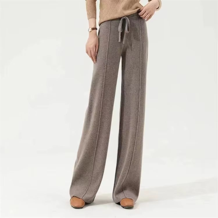 100% Cashmere Wide-Leg Knit Pants - High-Waist Soft Warm Trousers for Effortless Autumn/Winter Style