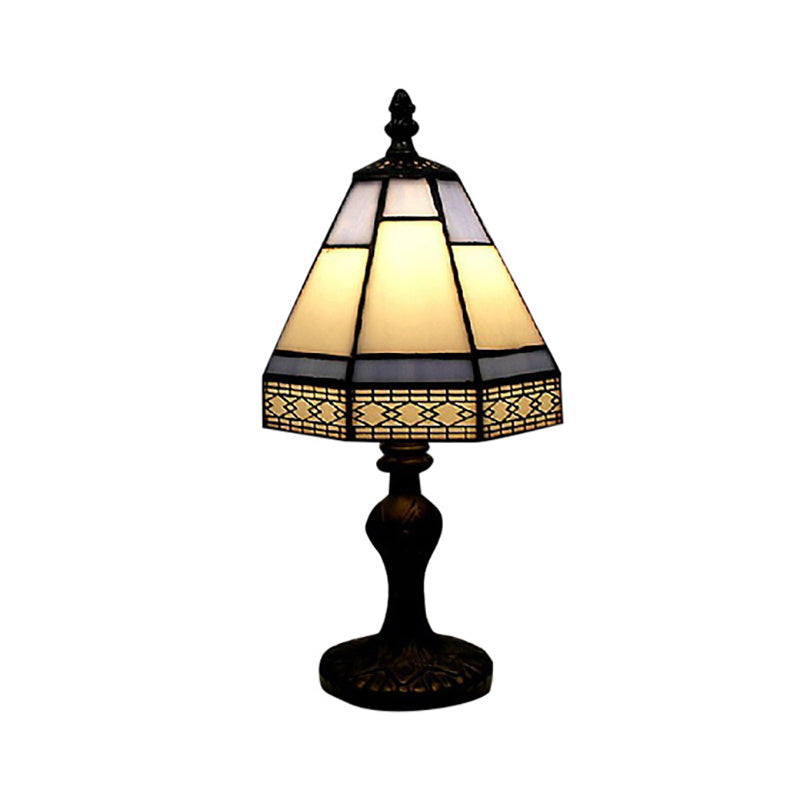 Aleron | Lampada da comodino conica beige e blu, stile vetro colorato a singola testa