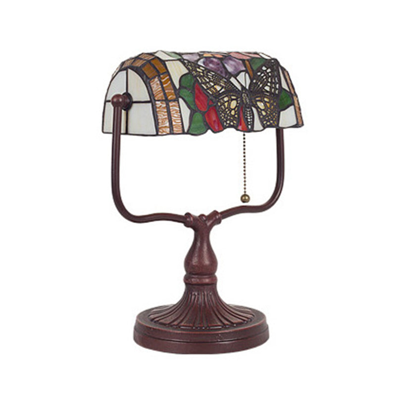 Lampada da tavolo mediterranea Aurelle con testa singola, vetro bianco tagliato a mano, motivo farfalla, lampada da banchiere con catena a tirante
