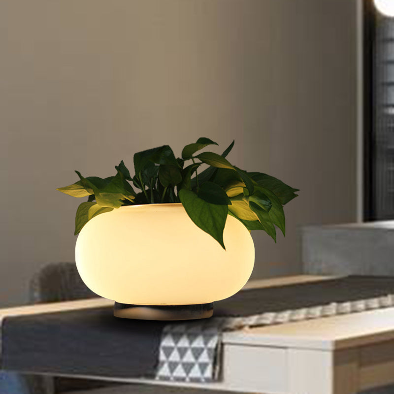 Owalna biała szklana lampa stołowa w stylu industrialnym LED lampka nocna z akcentem roślinnym