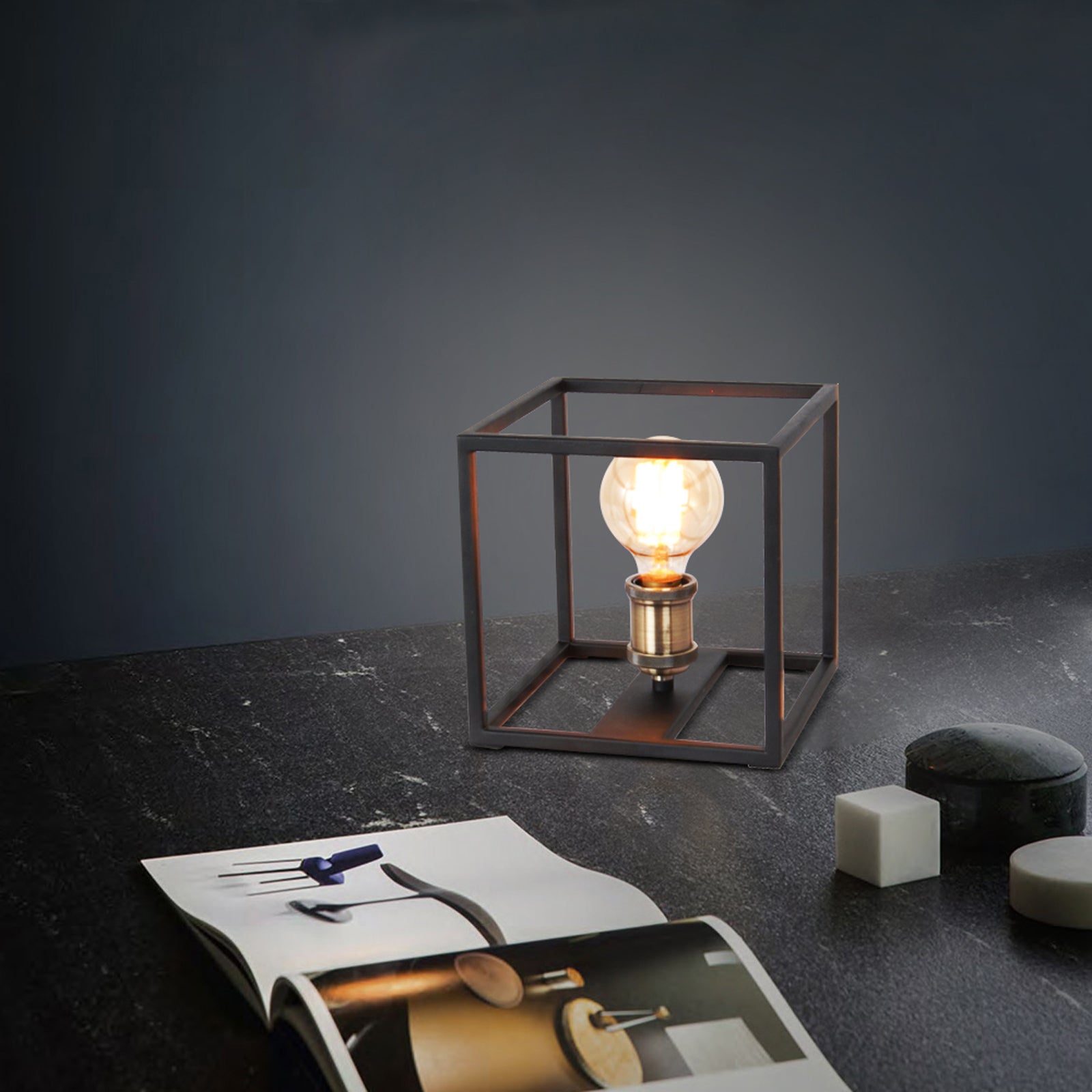 Lucen Black Modern Table Lamp With Iron Frame And Square Shade