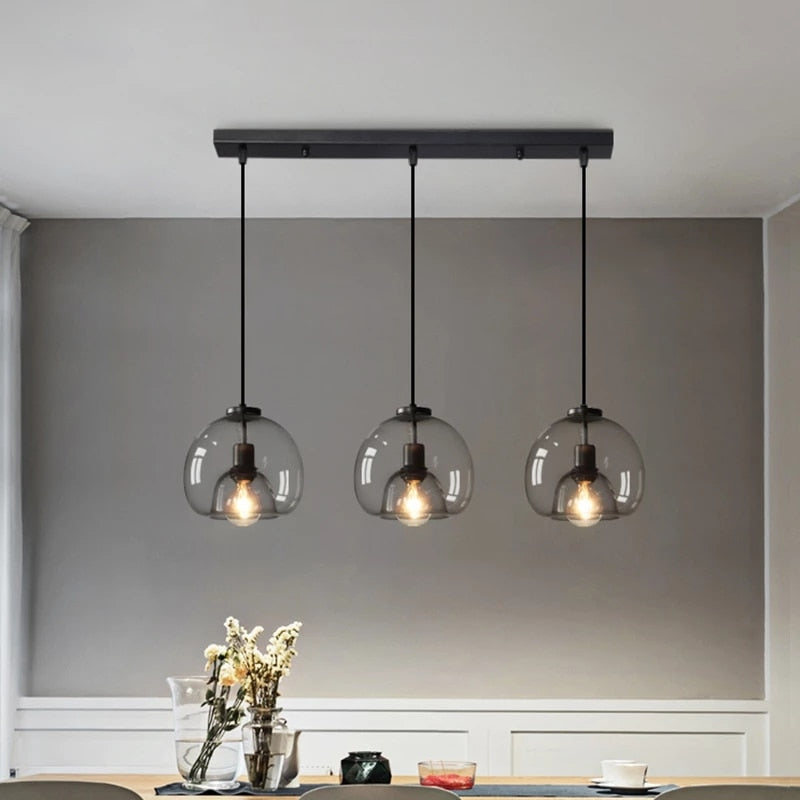 Nordic Black LED Pendant Light In Wrought Iron And Glass