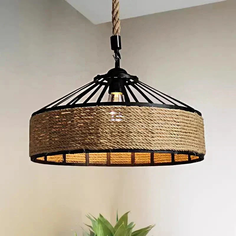 Rustic Hemp Rope Hanging Pendant Light In Vintage Style