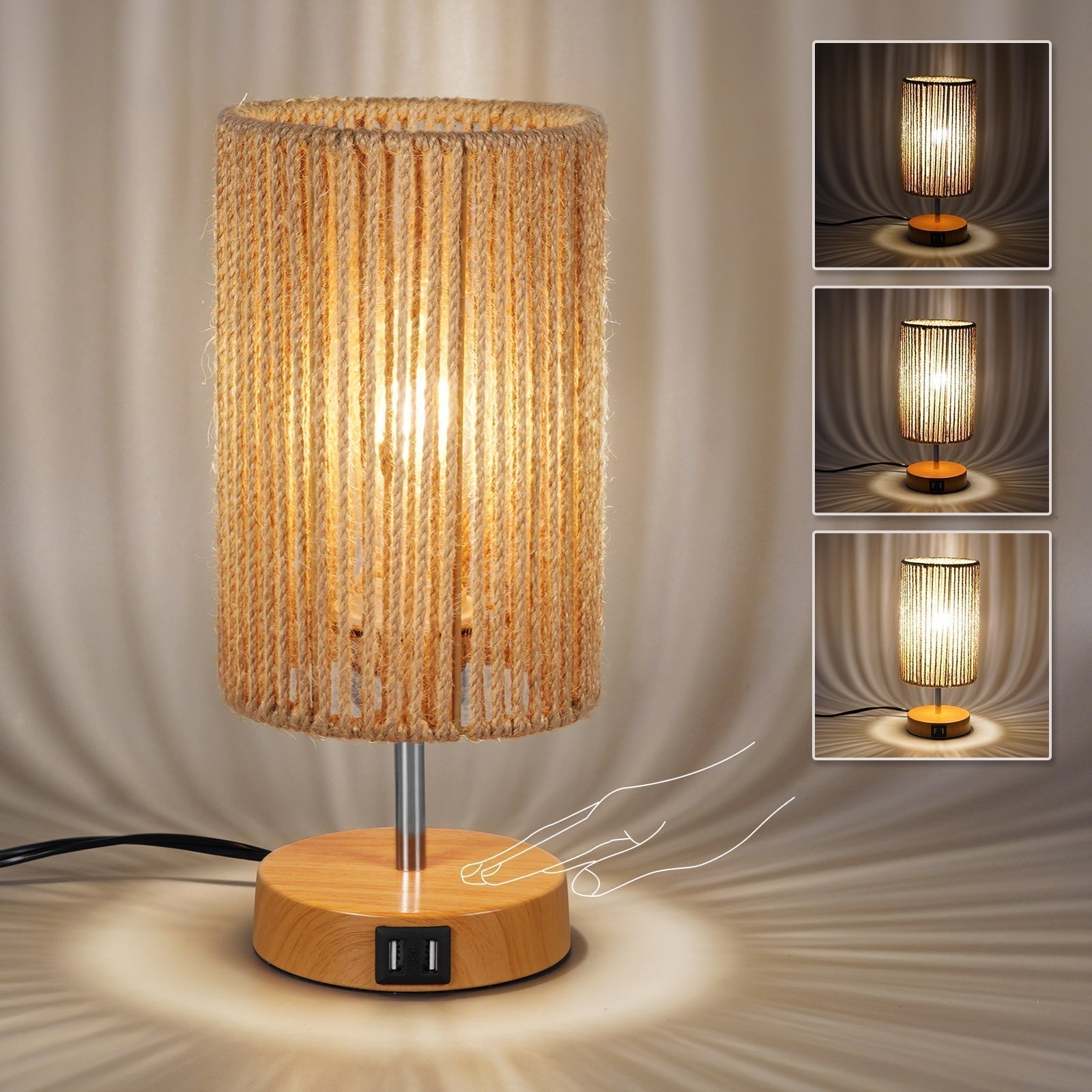 Lampa nocna Liora Boho z dotykowym sterowaniem do stolika nocnego