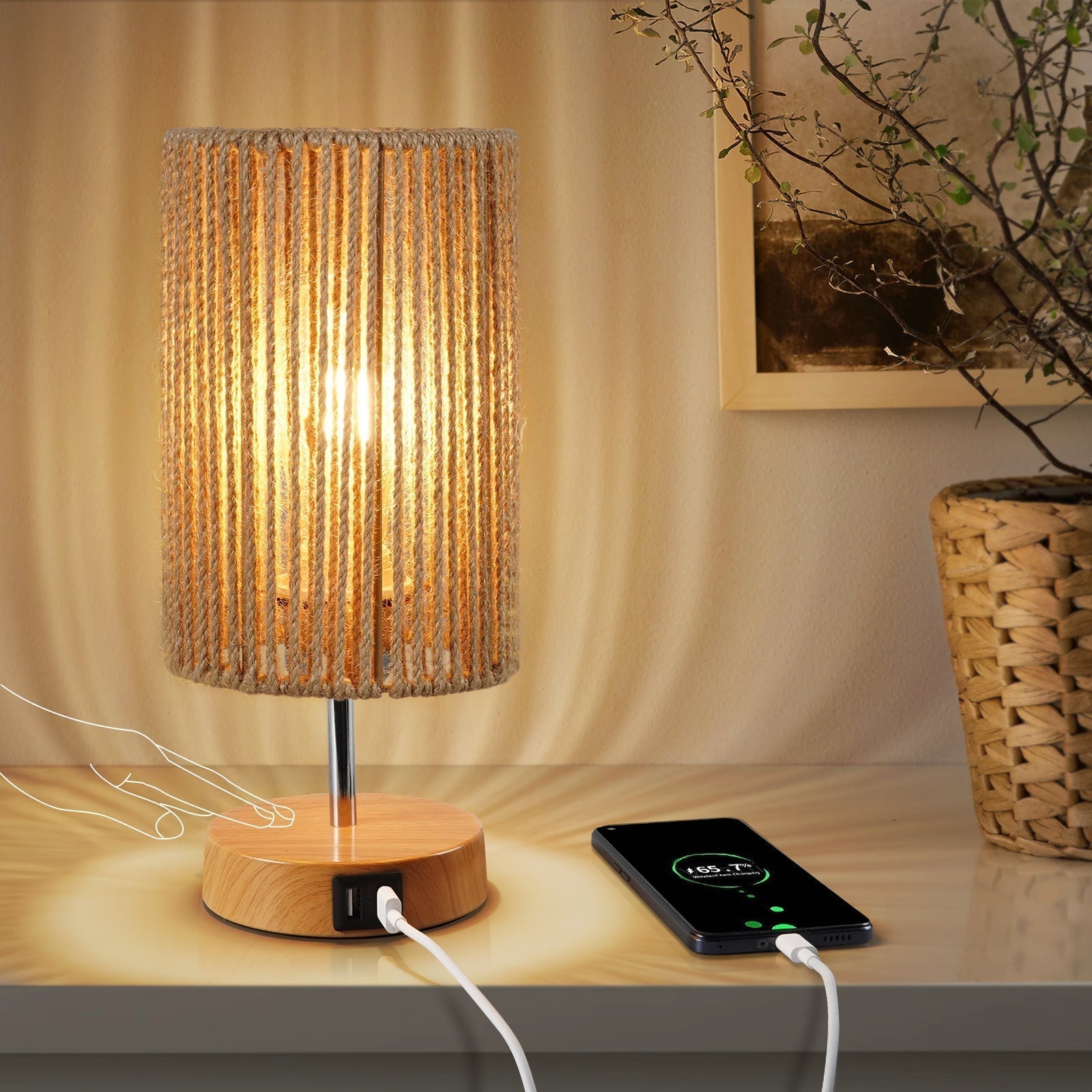 Lampa nocna Liora Boho z dotykowym sterowaniem do stolika nocnego