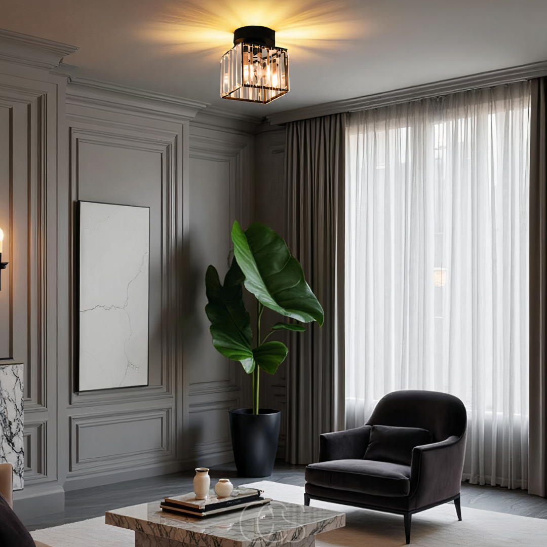 Norroe - Lampada da soffitto in cristallo - Metallo nero e cristallo K9 a plafone