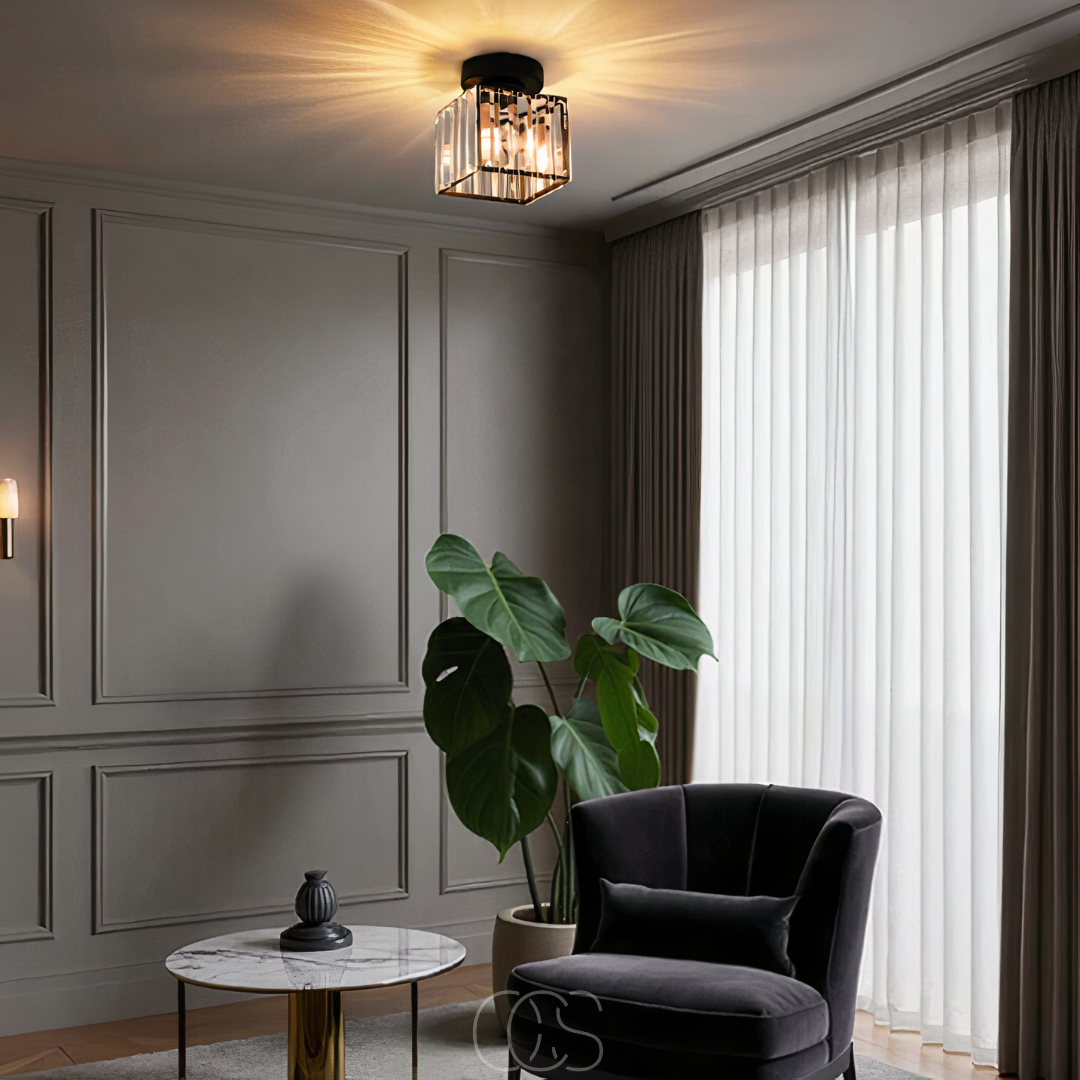 Norroe - Lampada da soffitto in cristallo - Metallo nero e cristallo K9 a plafone