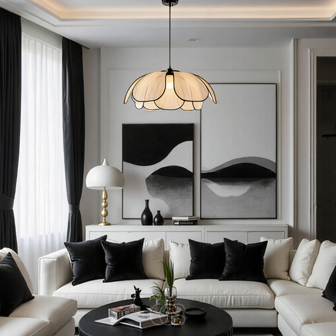 Norroe - Flower-shaped Rattan Pendant Lamp with Black Accents