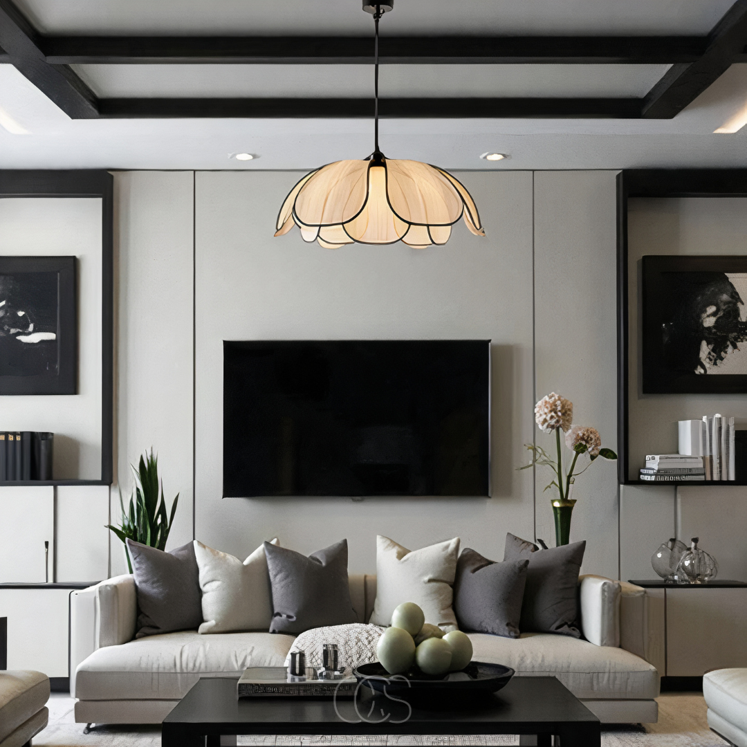 Norroe - Flower-shaped Rattan Pendant Lamp with Black Accents