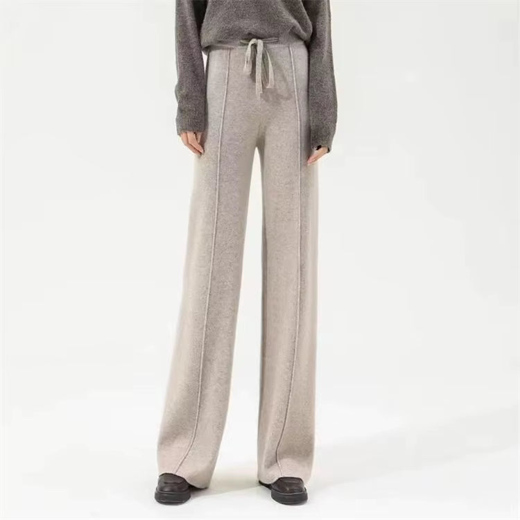 100% Cashmere Wide-Leg Knit Pants - High-Waist Soft Warm Trousers for Effortless Autumn/Winter Style