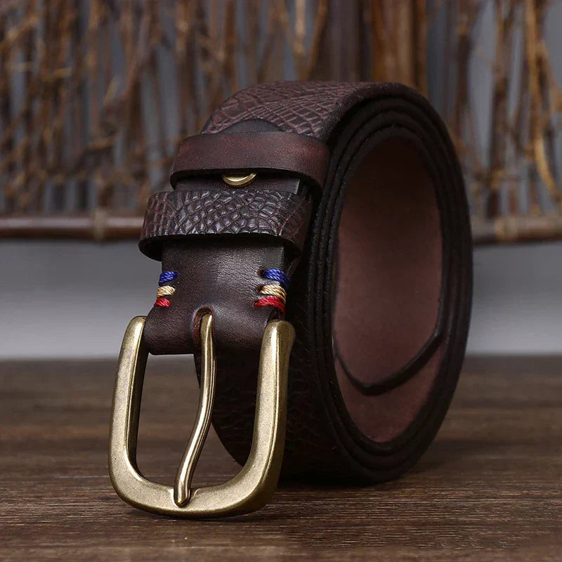 Ceinture en cuir de vache embossé Aureon, boucle à ardillon en cuivre, 1.5in