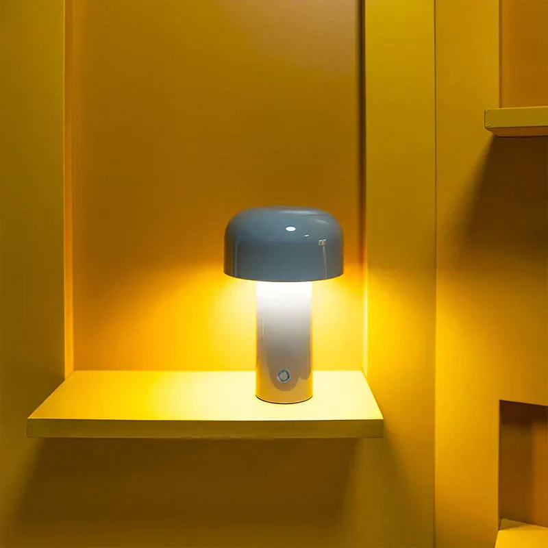 Kompaktowa ładowalna niebieska lampa stołowa w kształcie grzyba, nowoczesna lampka nocna
