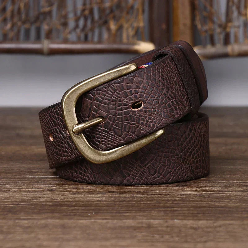 Ceinture en cuir de vache embossé Aureon, boucle à ardillon en cuivre, 1.5in