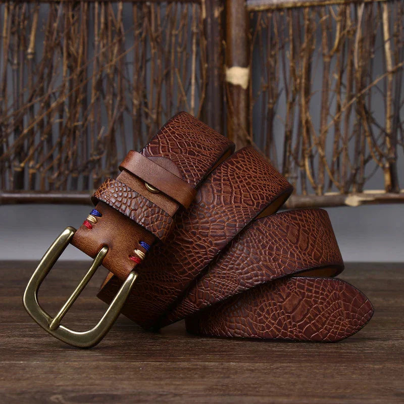 Ceinture en cuir de vache embossé Aureon, boucle à ardillon en cuivre, 1.5in