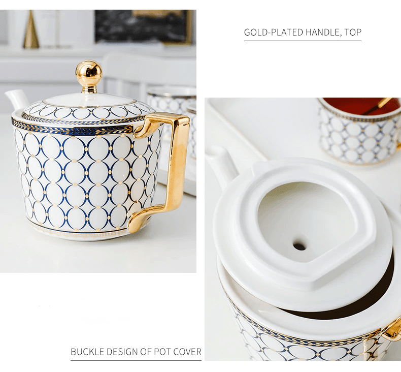 Deluxe Elara Gulddetaljerad Benporslin Tekanna Set Med Koppar